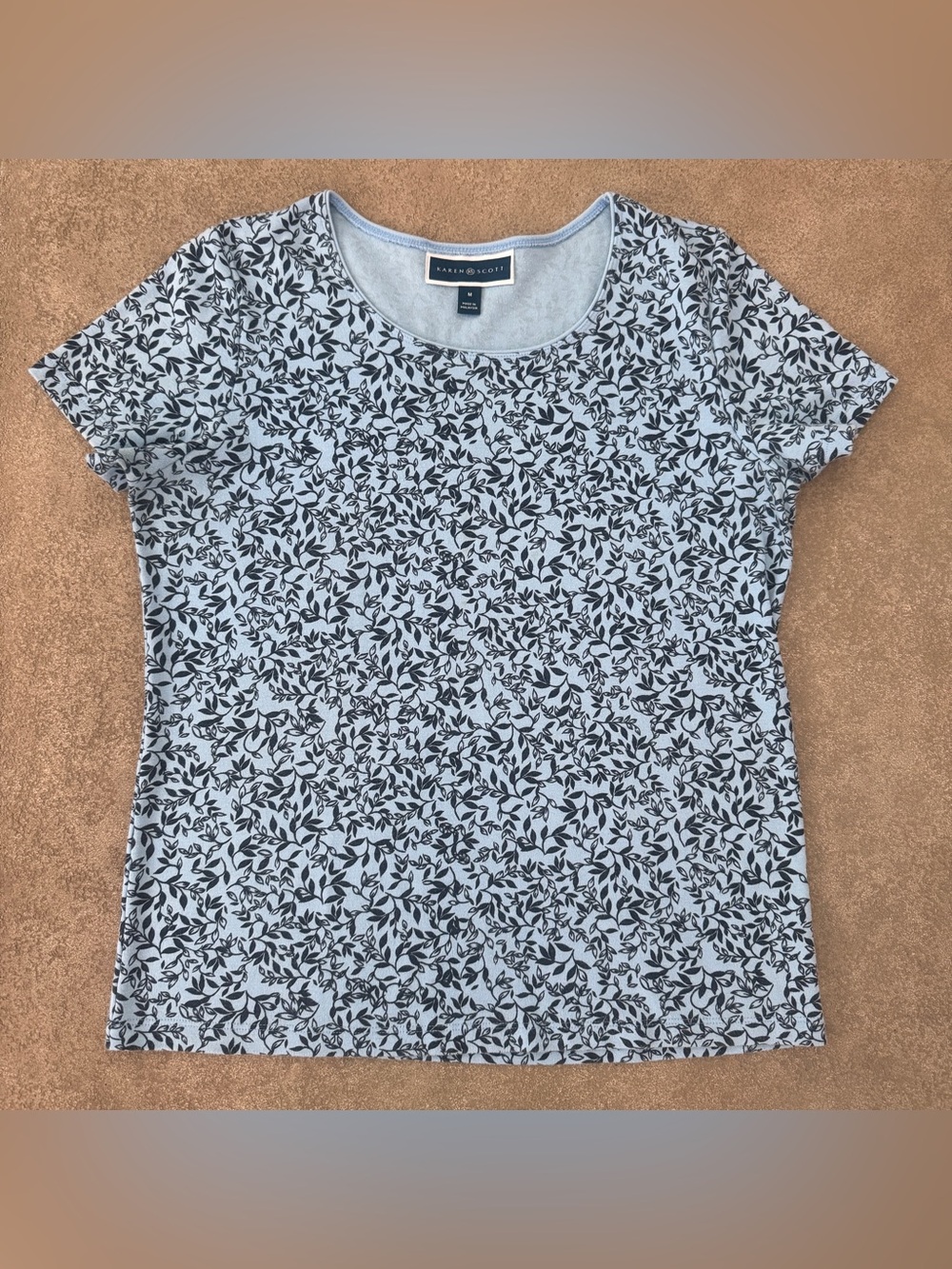 Karen Scott Blue Floral Vine Print Short Sleeve Knit Top Women's Medium